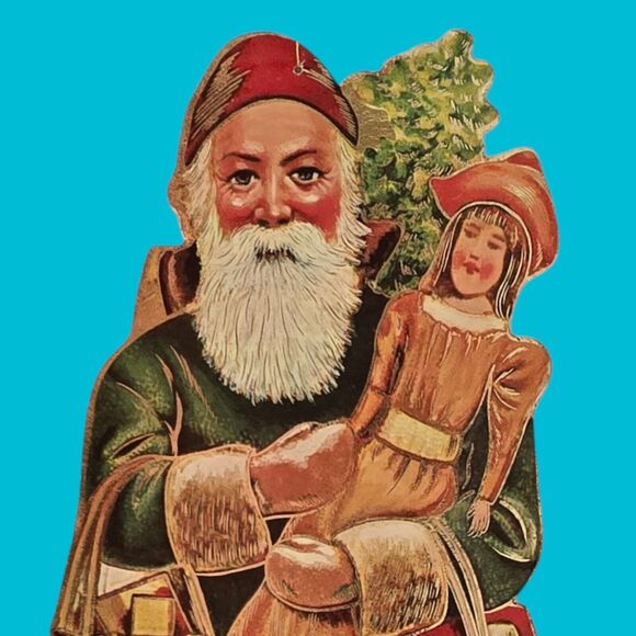 Original Victorian 14.5" Die-Cut Green Robe Santa Claus St Nick Father Christmas - Picture 7 of 10